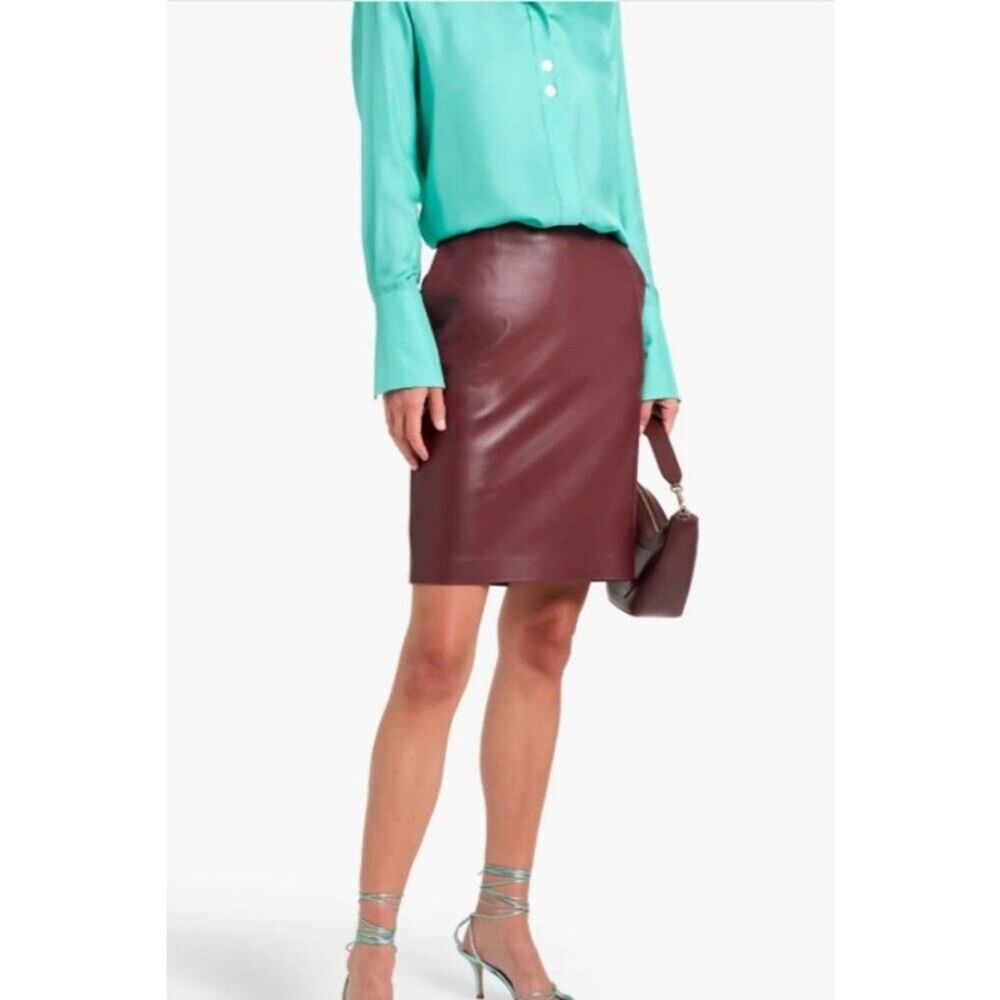 Theory Women's Clean Pencil Skirt L Bedford Faux Leather Burgundy 0 NWT 295